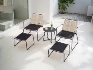 5 Piece Outdoor Patio Set with Ottoman & Side Table (Beige & Black)