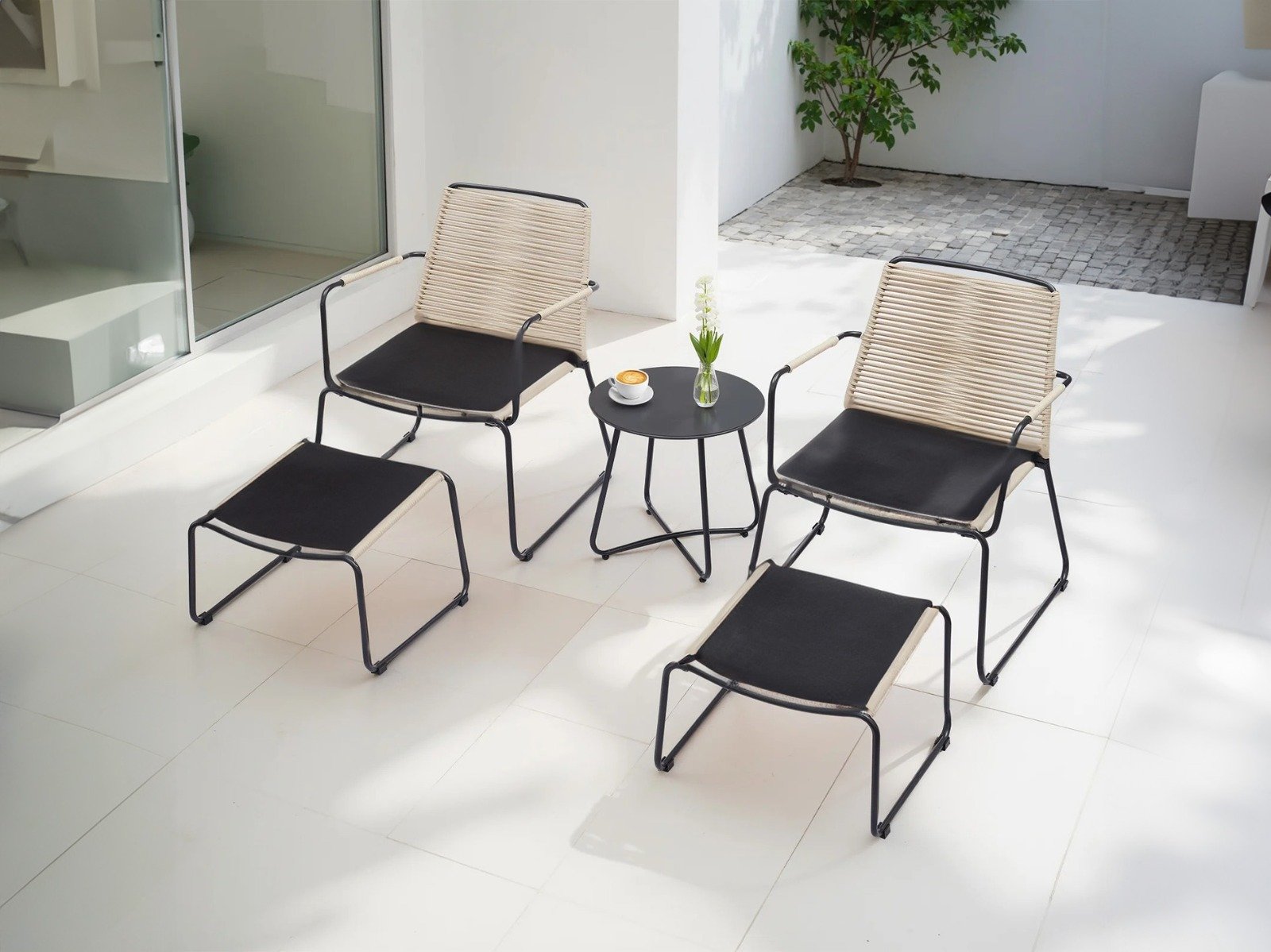 5 Piece Outdoor Patio Set with Ottoman & Side Table (Beige & Black)