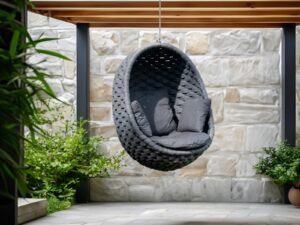 Grey Rope Hanging Egg Swing Chair  with Dark Grey Cushions