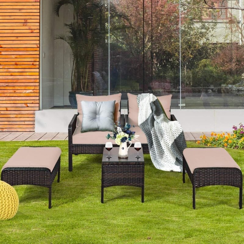 DEVOKO 5PC Wicker Conversation Set (Dark Brown/Cream) - Image 5