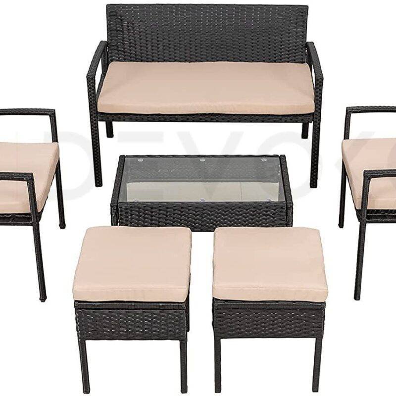 6-Piece Black Wicker Patio Furniture Set with Cream Cushions - Image 6