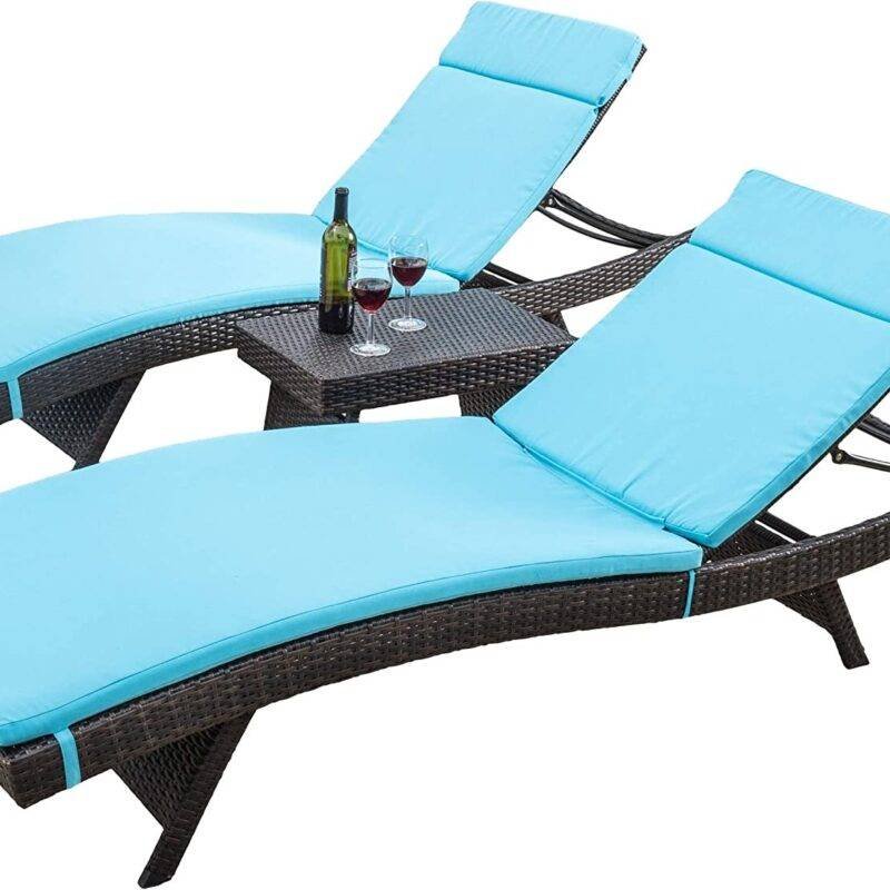 3-Piece Adjustable Rattan Wicker Chaise Lounge Set with Sky Blue Cushion (Dark Brown) - Image 7