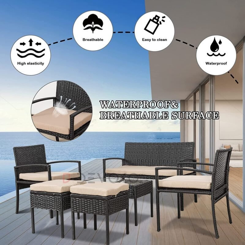 6-Piece Black Wicker Patio Furniture Set with Cream Cushions - Image 4
