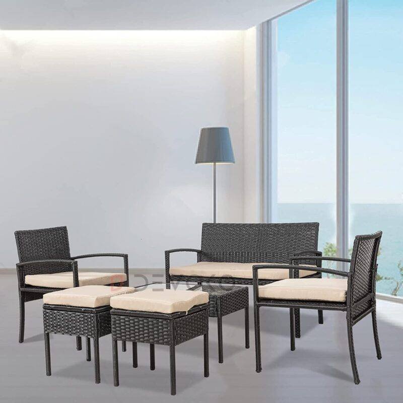 6-Piece Black Wicker Patio Furniture Set with Cream Cushions - Image 3