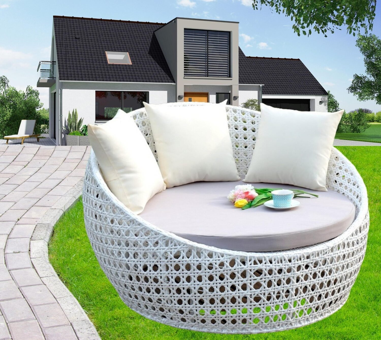 Unique Round Daybed Set: White Wicker & Off-White Cushion