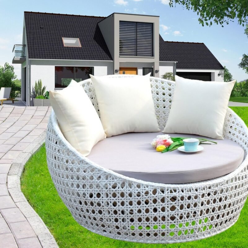 Unique Round Daybed Set: White Wicker & Off-White Cushion