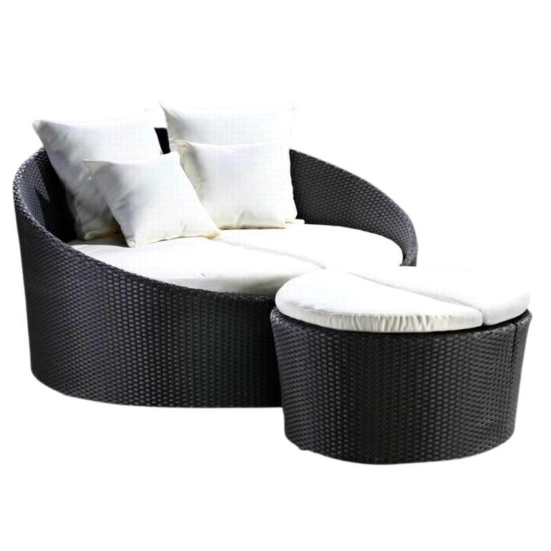 Black Wicker Round Sofa Daybed Set with Offwhite Cushions - Image 4