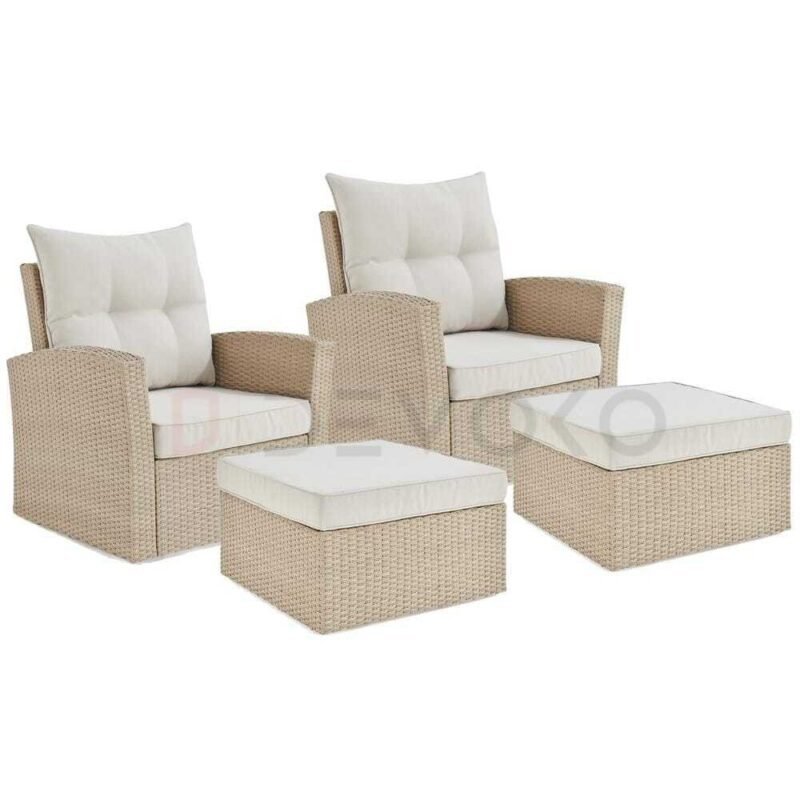 DEVOKO 4-Piece Rattan Garden Set: with Beige Wicker & Cream Cushions - Image 4