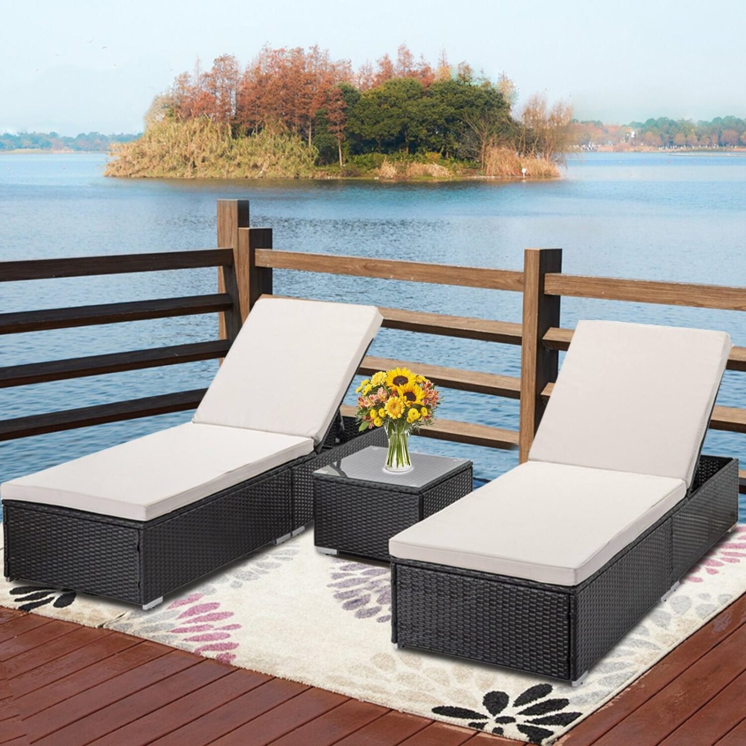 1 Pack Brown & Offwhite Adjustable Rattan Chaise Lounge - Poolside & Patio Chair