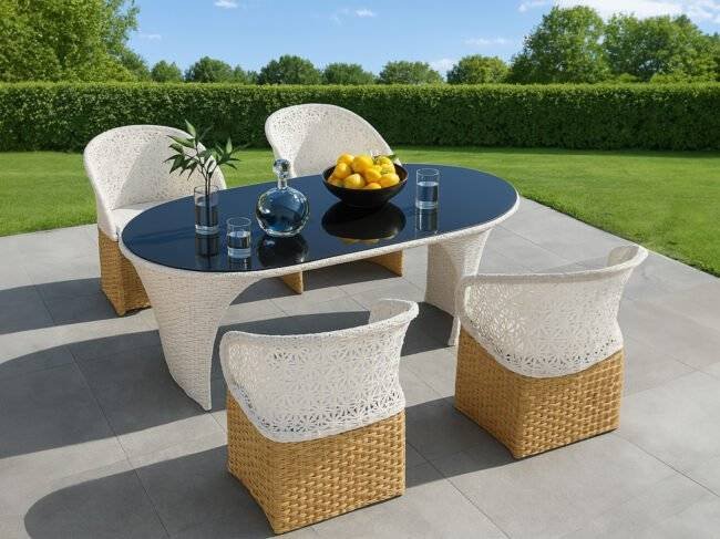 5 Pieces Outdoor Wicker Dining Set with Double Tone Armchairs (White)(Table Without Glass Top)