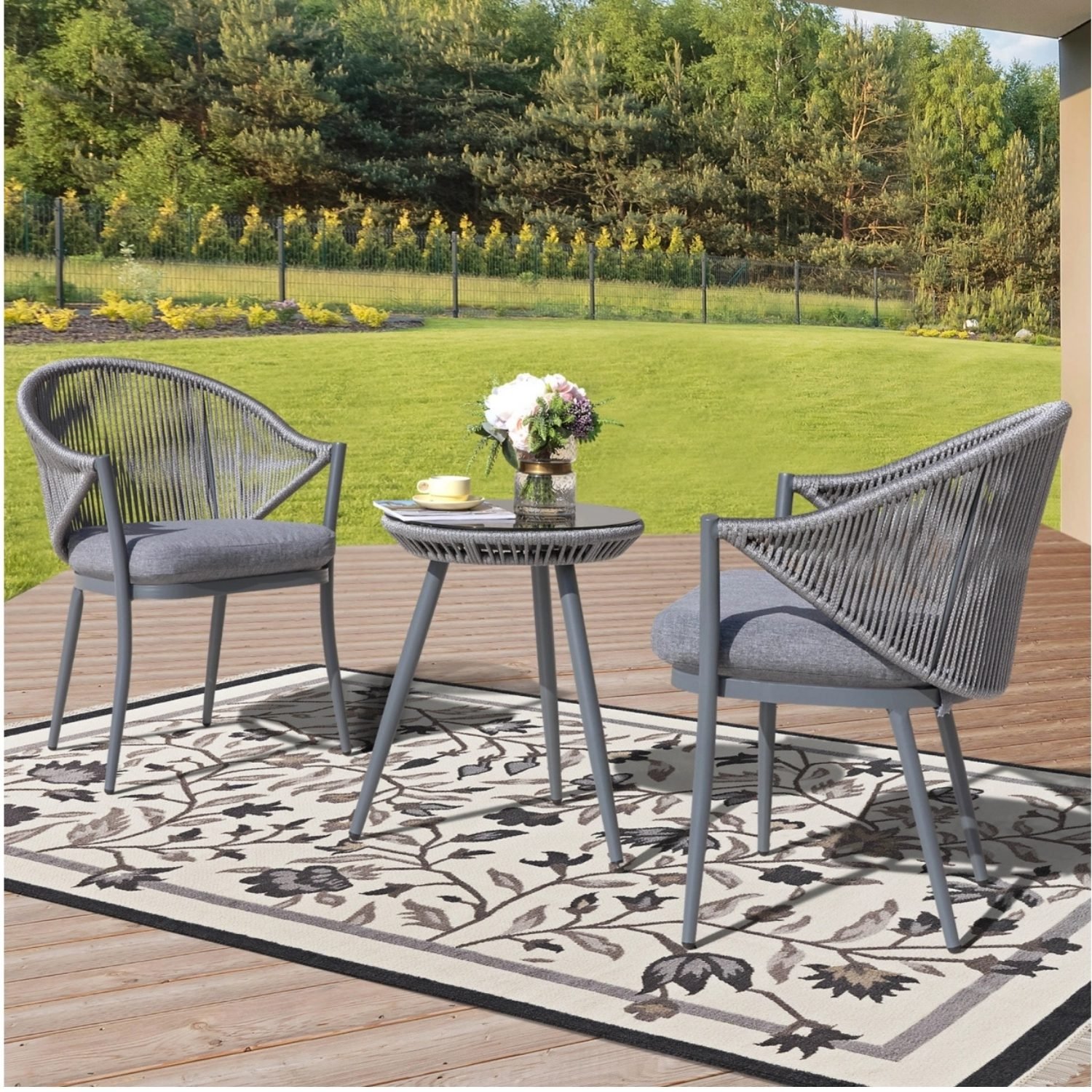 3 Piece Outdoor Rope Bistro Set (Grey)