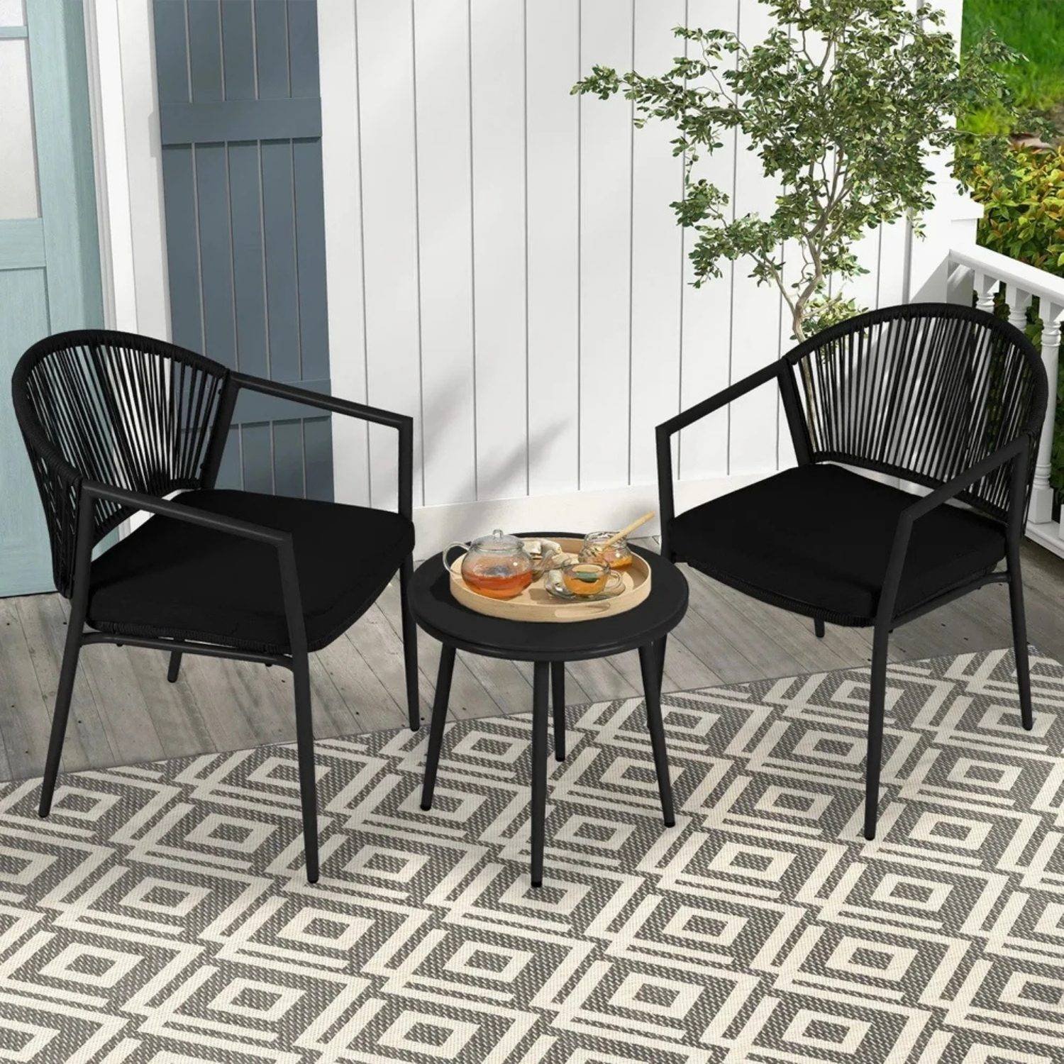 3 Piece Rope Patio Bistro Outdoor Conversation Set (Black)