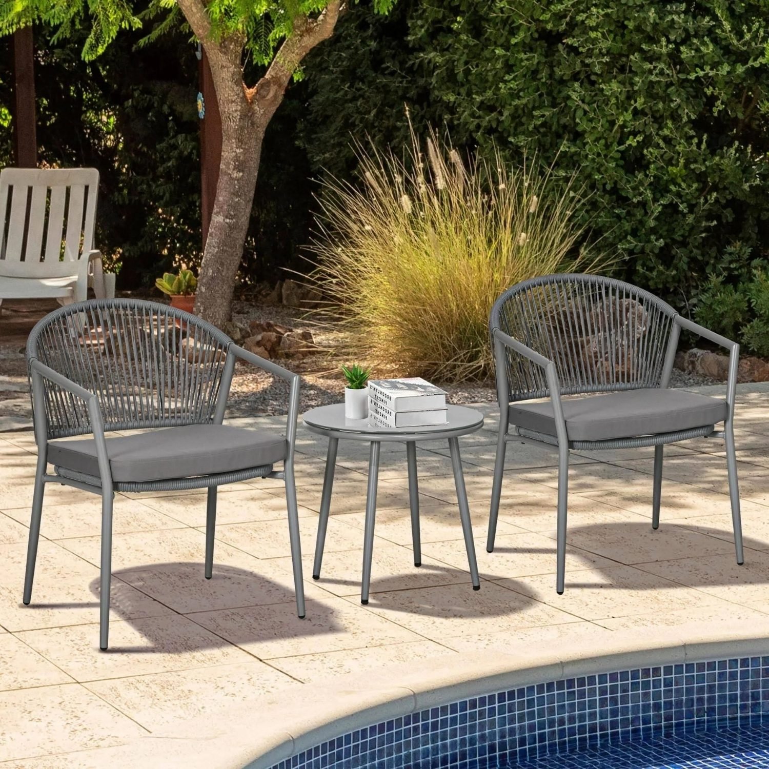 3 Piece Rope Patio Bistro Outdoor Conversation Set (Grey & Dark Grey)