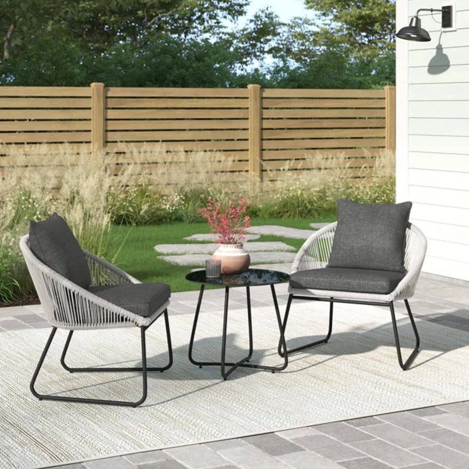 All Weather Outdoor Grey Rope Patio Set With Dark Grey Cushion