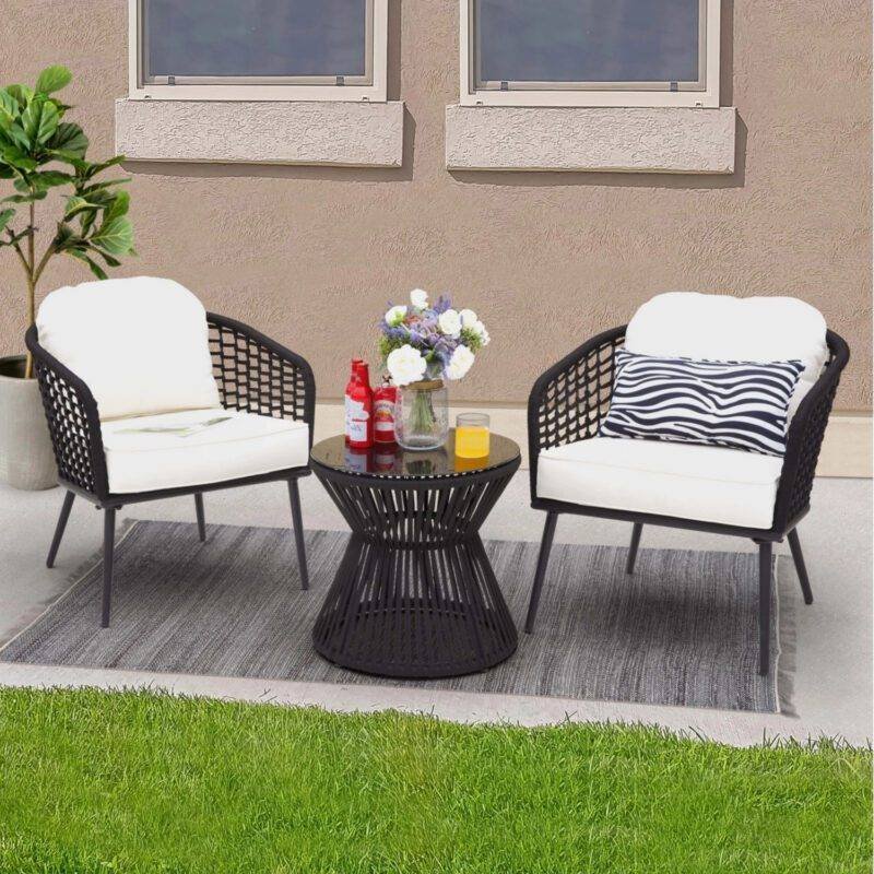 3 Piece Patio Outdoor All Weather Set (Black & Off-White)