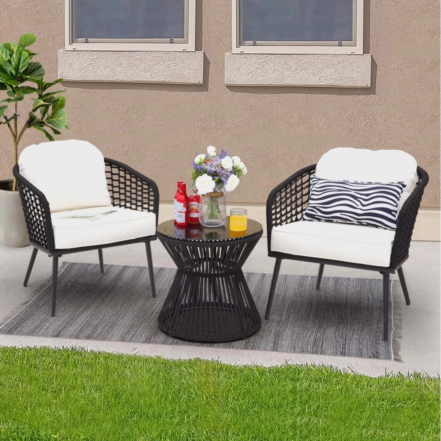 3 Piece Patio Outdoor All Weather Set (Black & Off-White)