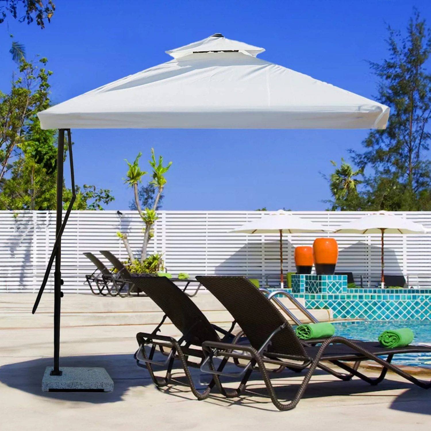 10ft Side Pole Square Shape Outdoor Umbrella With Marble Base (Off-White)