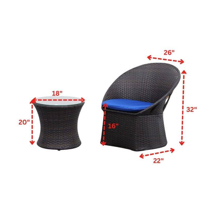 3-Piece Rattan Wicker Patio Set (Dark Brown & Blue) - Image 2