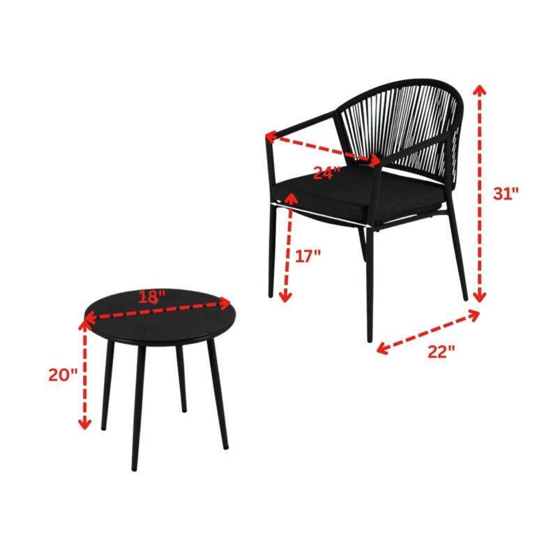 3 Piece Rope Patio Bistro Outdoor Conversation Set (Black) - Image 2