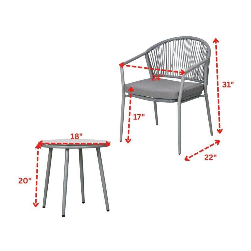 3 Piece Rope Patio Bistro Outdoor Conversation Set (Grey & Dark Grey) - Image 2