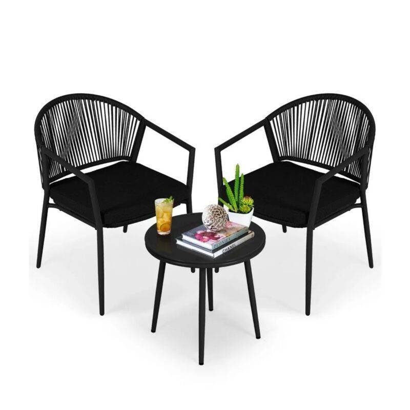 3 Piece Rope Patio Bistro Outdoor Conversation Set (Black) - Image 3