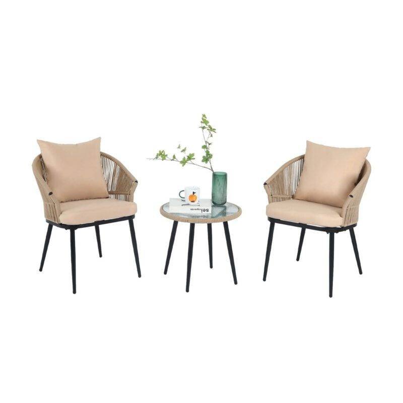 All Weather Outdoor Beige Rope Patio Set With Cream Cushion - Image 3