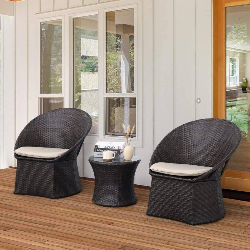 3-Piece Rattan Wicker Patio Set (Dark Brown & Cream) - Image 4