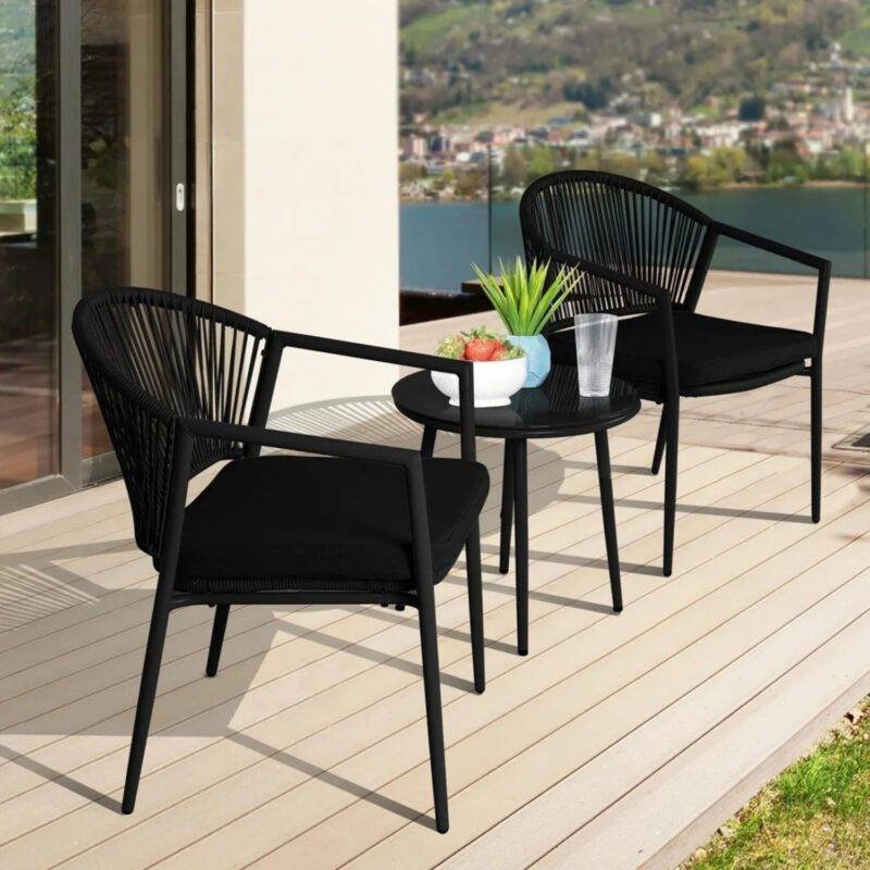 3 Piece Rope Patio Bistro Outdoor Conversation Set (Black) - Image 4