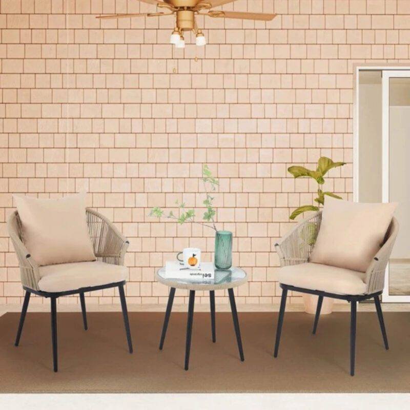 All Weather Outdoor Beige Rope Patio Set With Cream Cushion - Image 4