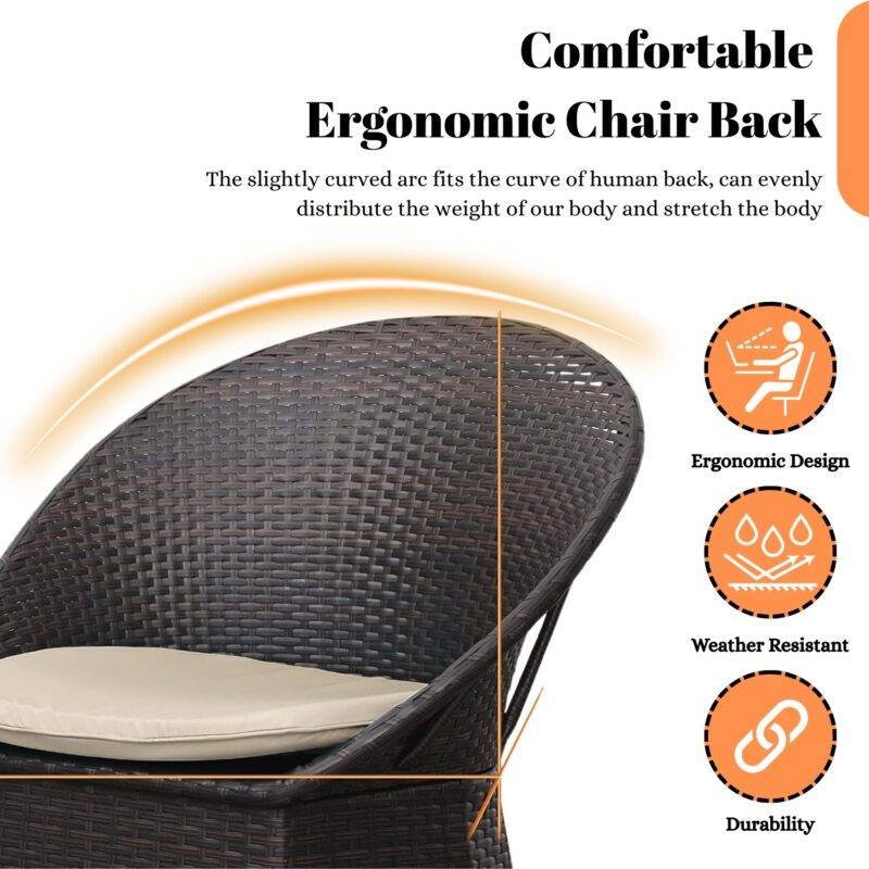 3-Piece Rattan Wicker Patio Set (Dark Brown & Cream) - Image 5