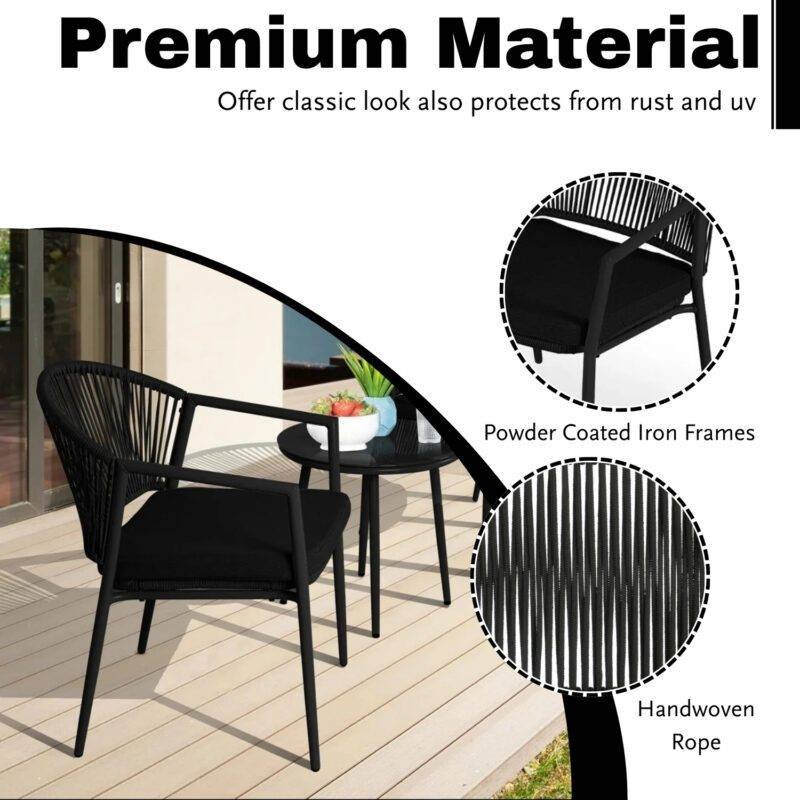 3 Piece Rope Patio Bistro Outdoor Conversation Set (Black) - Image 5