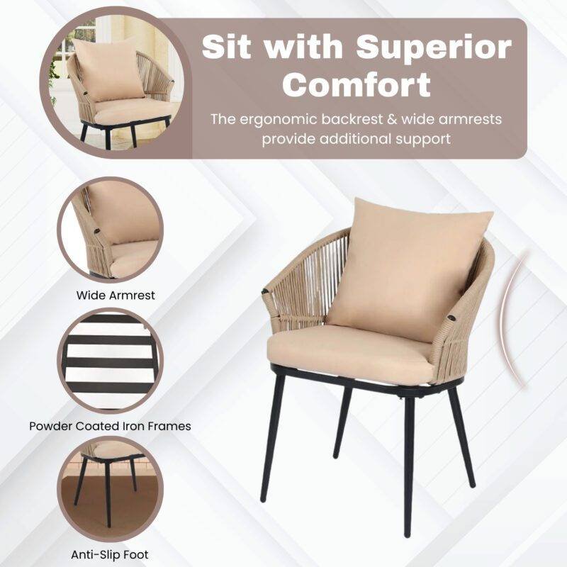 All Weather Outdoor Beige Rope Patio Set With Cream Cushion - Image 5