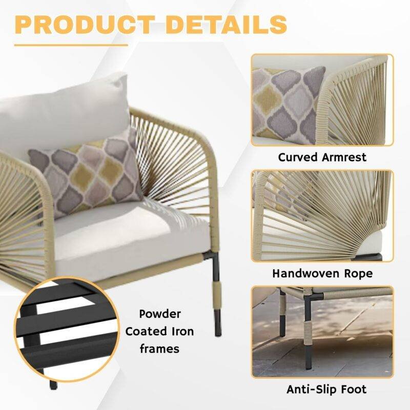 3-Piece Outdoor Rope Patio Bistro Set (Beige & Off-White) - Image 5