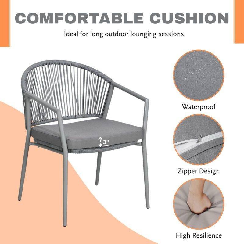 3 Piece Rope Patio Bistro Outdoor Conversation Set (Grey & Dark Grey) - Image 6