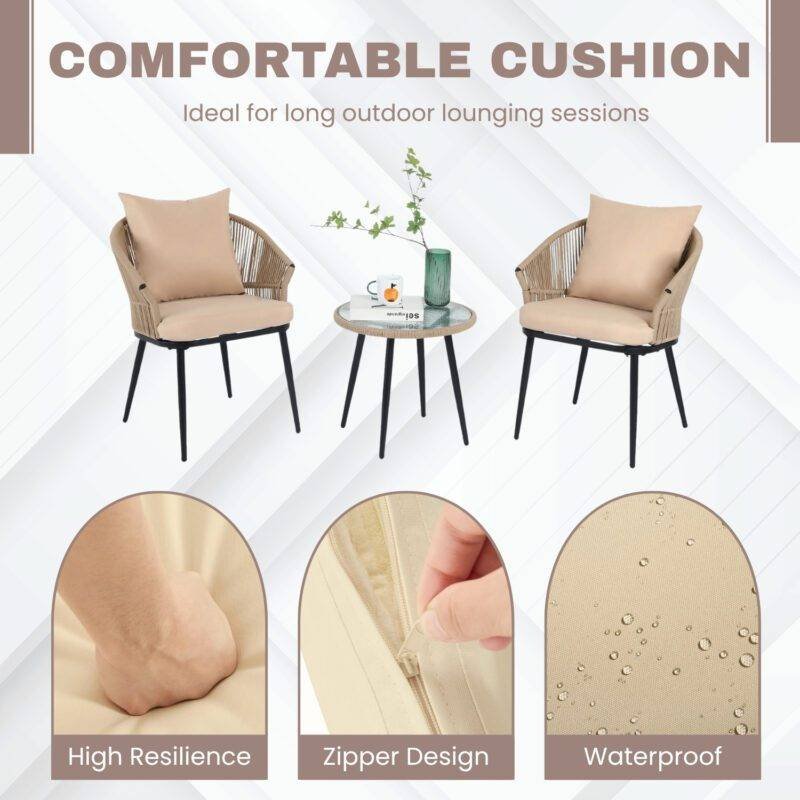 All Weather Outdoor Beige Rope Patio Set With Cream Cushion - Image 6
