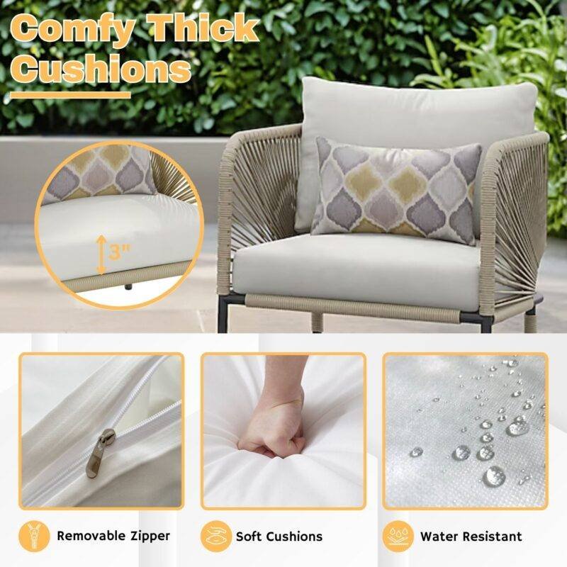 3-Piece Outdoor Rope Patio Bistro Set (Beige & Off-White) - Image 6