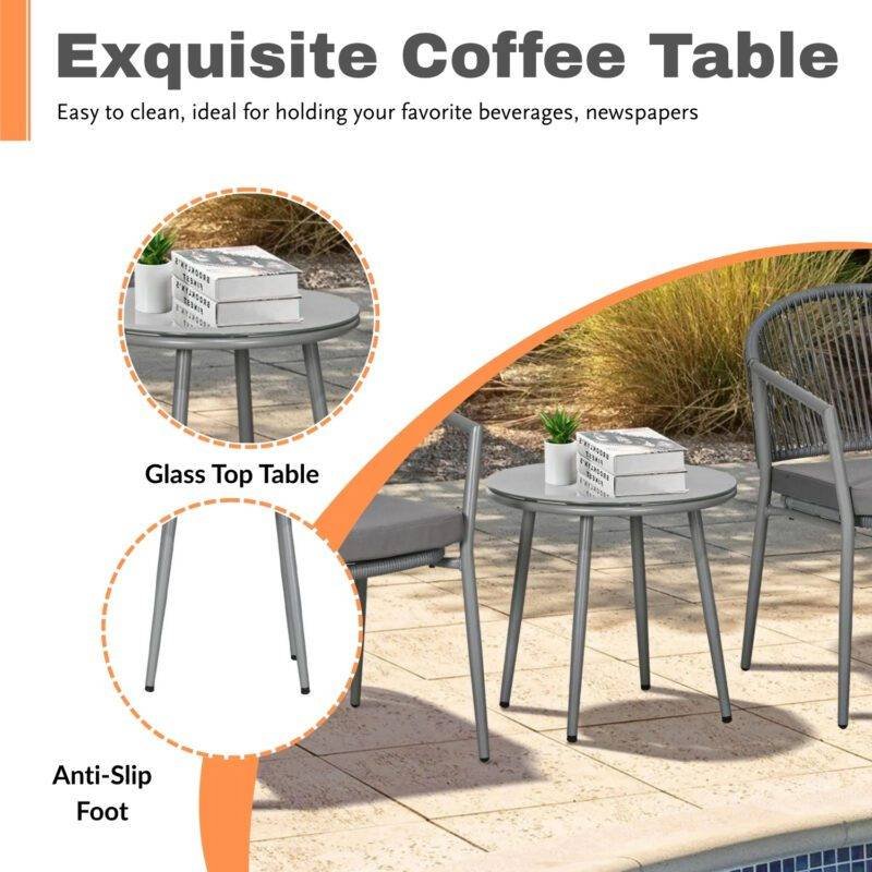 3 Piece Rope Patio Bistro Outdoor Conversation Set (Grey & Dark Grey) - Image 7