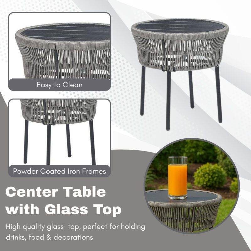 3 Piece Outdoor Rope Patio Set (Grey) - Image 7