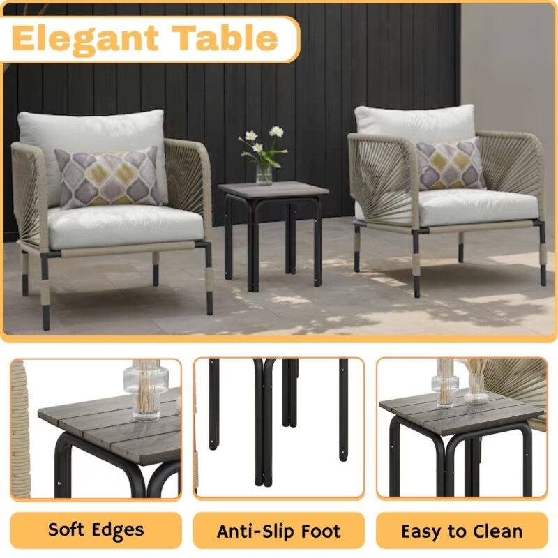 3-Piece Outdoor Rope Patio Bistro Set (Beige & Off-White) - Image 7