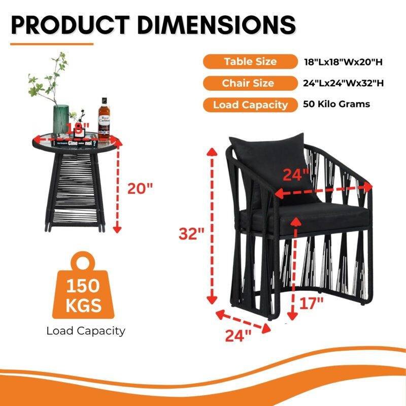 3-Piece Outdoor Rope Patio Set (Black) - Image 2