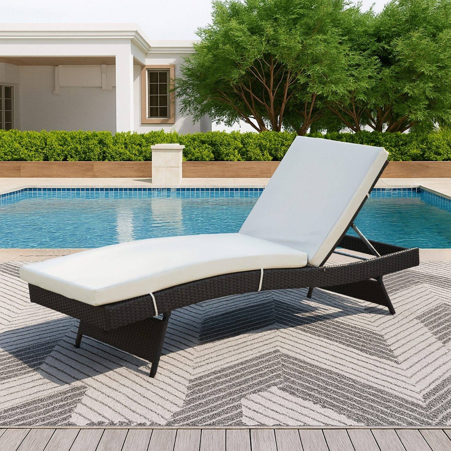 Outdoor Rattan Wicker Lounger (Dark Brown & Off-white)