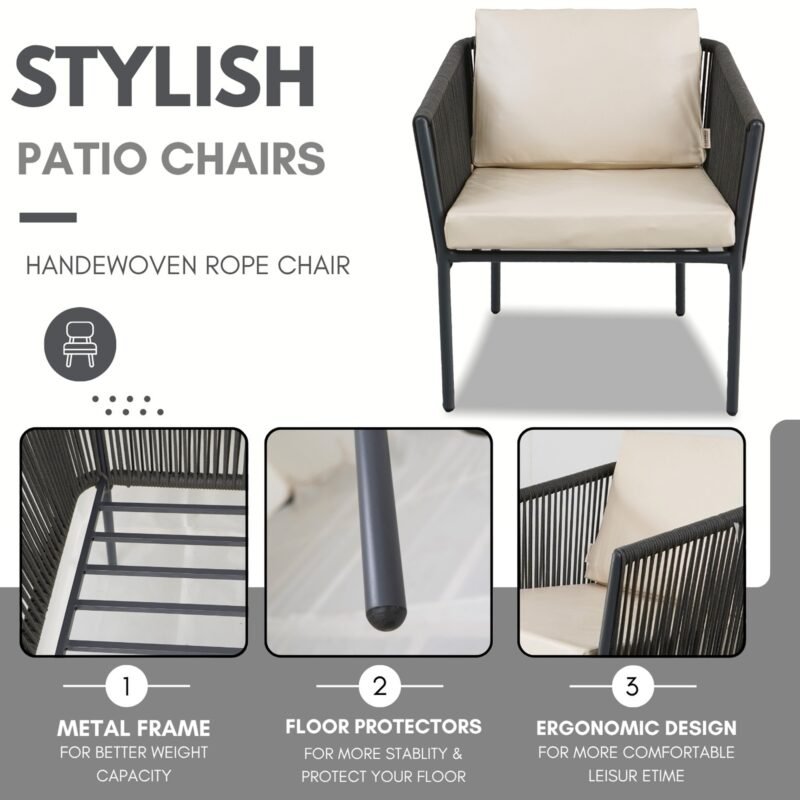 3-Piece Outdoor Rope Patio Furniture Set – Grey & Off-White - Image 5