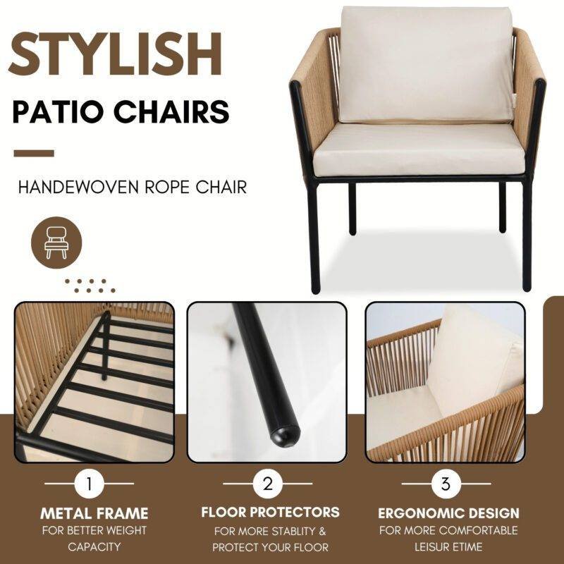 3-Piece Outdoor Rope Patio Furniture Set – Beige & Off-White - Image 5