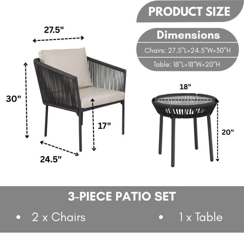 3-Piece Outdoor Rope Patio Furniture Set – Grey & Off-White - Image 2